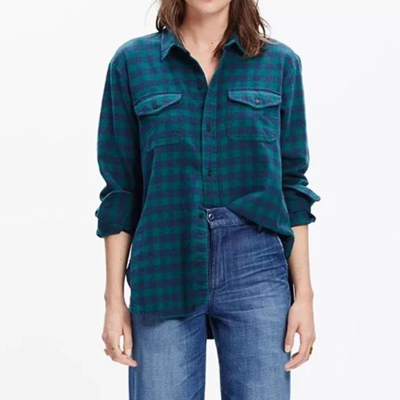 Madewell Flannel Cargo Workshirt Checkered Button Up Shirt Green/Blue S - Picture 1 of 8